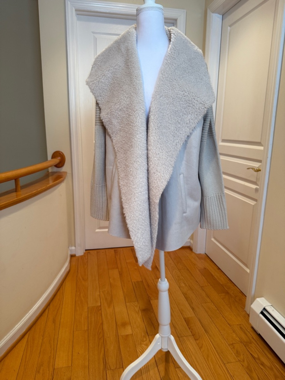 Context exclusively at Lord and Taylor Elegant Beige Knit Sherpa-Trim Jacket